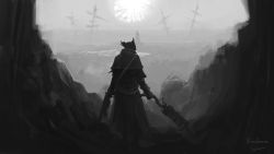 Rule 34 | 2others, ambiguous gender, artist name, beach, bloodborne, boots, capelet, cloud, cloudy sky, coat, commentary, copyright name, facing away, from behind, greyscale, gun, hat, highres, holding, holding gun, holding weapon, monochrome, multiple others, orphan of kos, outdoors, saw, saw cleaver, scenery, shipwreck, sky, solo, standing, sun, tricorne, tripdancer, weapon