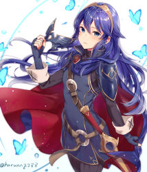 Rule 34 | 1girl, belt, blue eyes, blue hair, blue shirt, bug, butterfly, cape, crown, falchion (fire emblem), fingerless gloves, fire emblem, fire emblem awakening, gloves, haru (nakajou-28), highres, insect, long hair, looking at viewer, lucina (fire emblem), mask, nintendo, red cape, sheath, shirt, solo, sword, weapon