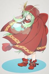 Rule 34 | 1girl, cloak, closed eyes, fire emblem, fire emblem: mystery of the emblem, fire emblem heroes, full body, green hair, grey background, highres, hood, hood up, long hair, nintendo, nonomori (anst nono), open mouth, simple background, solo, standing, tiara, tiki (fire emblem), tiki (young) (fire emblem)