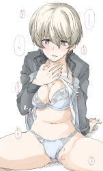 Rule 34 | ..., 1girl, ?, blue bra, blue eyes, blue jacket, blue panties, blush, bra, breasts, bright pupils, camisole, cleavage, clothes lift, commentary, crotch seam, elf (stroll in the woods), frown, girls und panzer, half-closed eyes, heart, highres, jacket, keizoku military uniform, lifting own clothes, long sleeves, looking at viewer, medium breasts, military, military uniform, no pants, panties, parted lips, pussy juice, raglan sleeves, shirt, shirt lift, short hair, silver hair, simple background, sitting, solo, spoken ellipsis, spoken question mark, spread legs, sweat, track jacket, translated, underwear, uniform, white background, white pupils, white shirt, youko (girls und panzer)