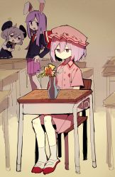 Rule 34 | 3girls, animal ears, blazer, bobo (nicoseiga29478507), bullying, chair, closed mouth, collared dress, collared shirt, commentary, cookie (touhou), crystal, desk, dress, expressionless, flower, full body, grey hair, grey skirt, grey vest, hair between eyes, hat, highres, hisaka (cookie), hisui (cookie), jacket, jewelry, laughing, long hair, long sleeves, looking at another, mob cap, mouse ears, multiple girls, nazrin, necktie, nyon (cookie), open mouth, pendant, pink dress, pink headwear, pink skirt, purple eyes, purple hair, red eyes, red necktie, reisen udongein inaba, remilia scarlet, school desk, shirt, short hair, sitting, skirt, standing, swept bangs, touhou, vase, vest, white shirt