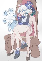 Rule 34 | 1boy, 1girl, absurdres, ahoge, black hair, blue eyes, bottomless, bow, cake, cake slice, chair, cheese, closed eyes, clothed female nude male, clothes, collarbone, crossed legs, cup, food, furina (genshin impact), genshin impact, gradient hair, green hair, hat, hat bow, heart, hetero, highres, kurosu169, long hair, long sleeves, multicolored hair, no panties, nude, plap, sex, shoes, sitting, sitting on lap, sitting on person, teacup, thighs, venti (genshin impact), very long hair, white background, white hair