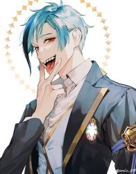 Rule 34 | bad id, bad twitter id, black hair, collared shirt, cunnilingus gesture, earrings, floyd leech, gloves, green hair, highres, jacket, jewelry, long sleeves, looking at viewer, male focus, multicolored hair, open mouth, sharp teeth, shirt, smile, streaked hair, teeth, tongue, tongue out, twisted wonderland, upper body, wadani hitonori, white shirt, yellow eyes
