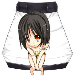 Rule 34 | 1girl, akino sora, bad id, bad pixiv id, bare shoulders, barefoot, bed, between thighs, black hair, camisole, fisheye, foreshortening, from above, knees together feet apart, looking at viewer, off shoulder, orange eyes, original, perspective, pov, red eyes, short hair, shorts, simple background, sitting, sketch, solo, strap slip, thighs, v arms
