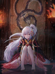 Rule 34 | 1girl, absurdres, armor, bad id, bad pixiv id, barefoot, black kimono, blurry, blurry foreground, closed mouth, depth of field, fire, floating hair, floral print, flower knot, full body, grey hair, hair between eyes, hair ornament, hair tie, high ponytail, highres, japanese clothes, kagura (seven knights), kimono, long hair, looking at viewer, on floor, own hands together, panties, pantyshot, paper, pauldrons, pink eyes, ponytail, print kimono, rose print, seven knights, shoulder armor, sidelocks, sitting, solo, sparks, sye, toes, underwear, very long hair, white panties, wide sleeves