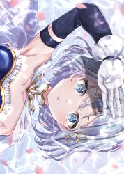 Rule 34 | 1girl, absurdres, bare shoulders, blue eyes, blue hair, breasts, cape, detached sleeves, elbow gloves, fortissimo, gloves, hair ornament, hand up, highres, looking at viewer, magical girl, mahou shoujo madoka magica, mahou shoujo madoka magica (anime), miki sayaka, musical note, musical note hair ornament, parted lips, petals, short hair, small breasts, solo, soul gem, tears, ukiukikiwi2525, water, white cape, white gloves