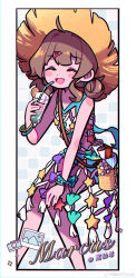 1girl ^_^ absurdres artist_name bag blue_background blue_bow blue_shorts border bow brown_hair camera character_name checkered_background chromatic_aberration closed_eyes cup dress drink drinking_glass drinking_straw feet_out_of_frame fishnet_dress food fruit hand_on_own_knee hand_up hat hei_de_yang_sheep highres holding holding_cup holding_drink invisible_chair lemon lemon_slice marcus_(reverse:1999) medium_dress medium_hair mole mole_under_eye official_alternate_costume open_mouth photo_(object) reverse:1999 rolled_up_paper shell shorts shoulder_bag sitting sleeveless sleeveless_dress smile solo sparkle starfish strapless straw_hat tube_top very_low_bun weibo_logo weibo_watermark white_border white_tube_top wrist_bow yellow_hat