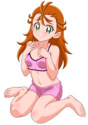Rule 34 | 1girl, absurdres, ahoge, barefoot, blush, green eyes, hair down, highres, kasanui, long hair, looking at viewer, natsuumi manatsu, navel, precure, short shorts, shorts, simple background, sitting, smile, solo, toes, tropical-rouge! precure, underwear, underwear only, very long hair, wariza, white background
