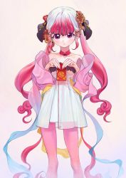 Rule 34 | 1girl, bare shoulders, collarbone, detached collar, detached sleeves, dress, feet out of frame, gradient hair, hair ornament, highres, kaede (shijie heping), long hair, looking at viewer, multicolored hair, nail polish, original, pantyhose, pink eyes, pink nails, pink pantyhose, pink sleeves, red hair, sidelocks, simple background, sleeveless, sleeveless dress, solo, twintails, two-tone hair, very long hair, wavy hair, white hair