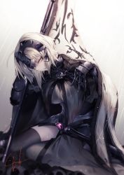 Rule 34 | 1girl, ahoge, armor, armored dress, blonde hair, breasts, cape, dress, fate/apocrypha, fate (series), fur-trimmed cape, fur collar, fur trim, gauntlets, genyaky, headpiece, jeanne d&#039;arc (fate), jeanne d&#039;arc alter (avenger) (fate), jeanne d&#039;arc alter (fate), large breasts, looking at viewer, open mouth, short hair, sidelocks, silver hair, sitting, solo, standard bearer, sword, thighhighs, tsurime, wariza, weapon, yellow eyes
