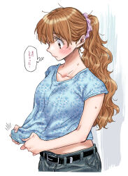 Rule 34 | 1girl, belt buckle, blue shirt, blush, breasts, buckle, collarbone, commentary request, floral print, hair ornament, hair scrunchie, highres, idolmaster, idolmaster cinderella girls, large breasts, looking down, moroboshi kirari, orange hair, ponytail, profile, scrunchie, shirt, shirt hold, short sleeves, silhouette, solo, stain, sweatdrop, takanashi ringo, thought bubble, translation request, upper body, wavy hair