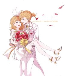 Rule 34 | 1boy, 1girl, anniversary, bare shoulders, blonde hair, blue eyes, bouquet, bow, carrying, character name, closed eyes, commentary, dress, earrings, falling petals, flower, formal, frilled dress, frills, hair bow, hair ornament, hairclip, high heels, highres, holding, holding bouquet, jewelry, kagamine len, kagamine rin, looking at viewer, nagisa2017mine, necktie, open mouth, pants, petals, princess carry, red flower, red rose, rose, short hair, short ponytail, sleeveless, sleeveless dress, smile, standing, strapless, strapless dress, suit, swept bangs, vocaloid, white background, white bow, white dress, white footwear, white pants, white suit, yellow neckwear