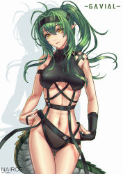 Rule 34 | 1girl, alternate hairstyle, antenna hair, arknights, bare arms, bare shoulders, black gloves, breasts, character name, commentary, cowboy shot, crocodilian tail, drop shadow, fingerless gloves, gavial (arknights), gloves, gluteal fold, green hair, highres, long hair, looking at viewer, medium breasts, nairobi song, navel, official alternate costume, ponytail, simple background, single glove, smile, solo, standing, stomach, tail, thighs, white background, yellow eyes