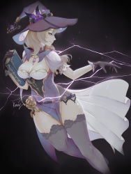 Rule 34 | 1girl, artist name, black background, black thighhighs, book, breasts, brown hair, cleavage, dress, frilled dress, frills, gem, genshin impact, gloves, green eyes, half-closed eyes, hat, highres, kumanz, large breasts, lightning bolt symbol, lisa (genshin impact), looking to the side, pelvic curtain, side ponytail, simple background, smile, solo, thighhighs, witch, witch hat
