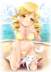Rule 34 | 10s, 1girl, barefoot, beach, bikini, blonde hair, breasts, cleavage, drill hair, long hair, mahou shoujo madoka magica, mahou shoujo madoka magica (anime), nabepro, swimsuit, tomoe mami, twin drills, twintails, yellow eyes