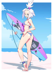 Rule 34 | 1girl, ass, beach, bikini, blue eyes, breasts, commission, creatures (company), day, from behind, game freak, genzoman, grin, hair bobbles, hair ornament, highres, looking at viewer, looking back, medium breasts, nintendo, outdoors, pokemon, pokemon bw2, roxie (pokemon), sharp teeth, shiny skin, short hair, smile, solo, spiked hair, standing, striped bikini, striped clothes, surfboard, swimsuit, teeth, topknot, white hair