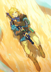 Rule 34 | 1boy, arm guards, armor, artist name, belt, belt buckle, black gloves, blonde hair, blue eyes, blue tunic, blush, boots, brown belt, brown footwear, brown pants, buckle, champion&#039;s tunic (zelda), commentary request, eyelashes, fingerless gloves, fold-over boots, gloves, highres, holding, holding sword, holding weapon, hugging object, knee boots, layered sleeves, link, long sleeves, looking at viewer, lying, male focus, master sword, medium hair, nintendo, on back, open mouth, pants, parted bangs, pointy ears, pra 11, short over long sleeves, short sleeves, shoulder armor, shoulder pads, sidelocks, solo, sweater, swept bangs, sword, the legend of zelda, the legend of zelda: tears of the kingdom, tunic, turtleneck, turtleneck sweater, weapon