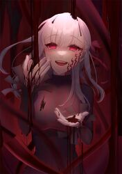 Rule 34 | 1girl, absurdres, black dress, blood, blood on hands, body markings, dark sakura, dress, empty eyes, facial mark, fate/stay night, fate (series), hair ribbon, heaven&#039;s feel, highres, long hair, looking at viewer, matou sakura, mord roku0131, open mouth, red eyes, ribbon, smile, solo, upper body, white hair