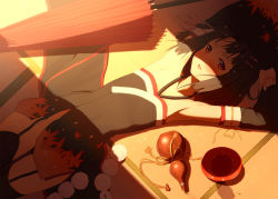 Rule 34 | 1girl, alcohol, armpits, arms up, bad id, bad pixiv id, black hair, black thighhighs, blush, brown eyes, closed umbrella, cup, detached sleeves, flat chest, from above, garter straps, gourd, kinta (distortion), looking at viewer, lying, oil-paper umbrella, on back, open mouth, original, sakazuki, sake, shade, short hair, solo, tatami, thighhighs, umbrella