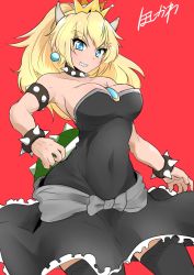 Rule 34 | 1girl, armlet, artist name, between breasts, black collar, black thighhighs, borrowed design, bowsette, bracelet, breasts, brooch, cleavage, collar, commentary request, covered navel, crown, dress, earrings, full body, grin, highres, horns, hoshikawa (hoshikawa gusuku), jewelry, large breasts, long hair, looking at viewer, mario (series), muscular, muscular female, new super mario bros. u deluxe, nintendo, pointy ears, red background, sharp teeth, short dress, signature, simple background, smile, solo, spiked armlet, spiked bracelet, spiked collar, spiked shell, spikes, standing, strapless, strapless dress, super crown, teeth, thighhighs, turtle shell, v-shaped eyebrows