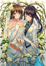 Rule 34 | 10s, 2girls, bare shoulders, black hair, bow, bowtie, bridal veil, bride, brown eyes, brown hair, couple, cowboy shot, dress, elbow gloves, floral background, flower, flower ornament, formal, gloves, hair flower, hair ornament, halftone, hand on own chest, hibike! euphonium, holding hands, kousaka reina, long hair, medium hair, multiple girls, norizc, one eye closed, oumae kumiko, pant suit, pants, ponytail, purple eyes, rose, smile, standing, suit, traditional bowtie, tuxedo, veil, wedding dress, white flower, white gloves, white rose, wife and wife, yuri