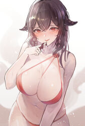 Rule 34 | 1girl, azur lane, bare shoulders, bikini, black hair, blush, breasts, cleavage, commentary request, large breasts, long hair, looking at viewer, navel, official alternate costume, parted lips, red bikini, red eyes, royal fortune (azur lane), royal fortune (eyes on the prize) (azur lane), sea nami, signature, smile, swimsuit, tentacle hair, tentacles, wet