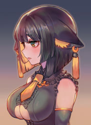 Rule 34 | 1girl, absurdres, animal ear fluff, animal ears, arms at sides, black hair, black shirt, blunt bangs, bob cut, breasts, cat ears, collar, colored inner hair, detached sleeves, earrings, fang, frilled collar, frills, from side, gradient background, highres, jewelry, large breasts, light blush, lips, looking away, multicolored hair, necktie, original, qiu ju, shirt, short hair, single earring, sleeveless, sleeveless shirt, solo, upper body, yellow eyes