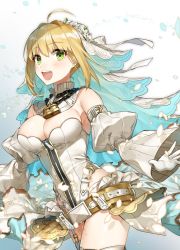 Rule 34 | 10s, 1girl, ahoge, bad id, bad twitter id, bare shoulders, belt, belt buckle, blonde hair, blush, breasts, buckle, chain, chain necklace, cleavage, detached collar, detached sleeves, dress, fate/extra, fate/extra ccc, fate (series), flower, gloves, green eyes, hair bun, hair intakes, head wreath, hip focus, jewelry, large breasts, leotard, lock, looking to the side, necklace, nero claudius (bride) (fate), nero claudius (bride) (second ascension) (fate), nero claudius (fate), nero claudius (fate) (all), open mouth, petals, puffy sleeves, shirako miso, single hair bun, smile, solo, thighs, veil, white dress, white gloves, white leotard, zipper, zipper pull tab