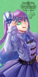 Rule 34 | 1girl, artificial eye, belt, blue ribbon, character name, commentary request, copyright name, eyepatch, eyepatch lift, fate (series), fingernails, frilled shirt, frills, green background, green eyes, hat, hat ribbon, highres, juliet sleeves, long hair, long sleeves, lord el-melloi ii case files, mini hat, mini top hat, mole, mole under eye, nail polish, pink nails, puffy sleeves, purple hair, purple shirt, purple skirt, ribbon, shirt, simple background, skirt, solo, star eyepatch, tilted headwear, tongue, tongue out, top hat, very long hair, white hat, yomoyama yotabanashi, yvette l. lehrman