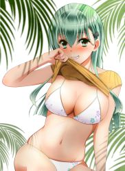 Rule 34 | 1girl, aqua eyes, aqua hair, bikini, blush, breasts, cleavage, closed mouth, clothes lift, floral print, grin, hair between eyes, hair ornament, hairclip, highres, kantai collection, kiko (okuwae), large breasts, lifted by self, long hair, looking at viewer, shirt lift, simple background, smile, solo, string bikini, suzuya (kancolle), swimsuit, white background