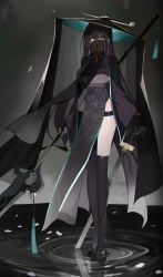 Rule 34 | 1girl, absurdres, asymmetrical legwear, black legwear, covered mouth, glowing, glowing eyes, hat, highres, holding, holding polearm, holding sword, holding weapon, looking at viewer, original, orn, polearm, print veil, ripples, solo, standing, sword, uneven legwear, veil, weapon, wide shot, yellow eyes