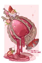 Rule 34 | absurdres, border, bow, candy, checkerboard cookie, cookie, dripping, flower, food, fruit, highres, mahou shoujo madoka magica, mahou shoujo madoka magica (anime), no humans, object focus, outside border, pink background, pink flower, red bow, shixiaoqina, signature, simple background, soul gem, sparkle, still life, strawberry, whipped cream, white border