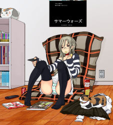 Rule 34 | 00s, 1girl, animal, black thighhighs, can, cat, chips (food), clothes, coca-cola, controller, eating, food, glasses, handheld game console, joy (joy-max), long hair, magazine (object), mouth hold, natsume yuujinchou, no pants, nyanko-sensei, off shoulder, original, panties, pantyshot, pillow, playstation portable, potato chips, product placement, remote control, silver hair, sitting, solo, striped clothes, striped panties, summer wars, thighhighs, underwear, working!!