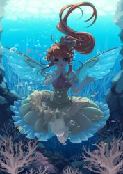 Rule 34 | 1girl, :d, air bubble, algae, alternate hair color, blue eyes, bow, brown hair, bubble, commentary request, coral, daiyousei, dress, fairy, fairy wings, fish, frilled dress, frills, hair bow, kaito (kaixm), long hair, open mouth, shell, smile, solo, submerged, touhou, underwater, water, wings