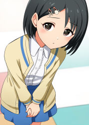 Rule 34 | 1girl, black hair, blue skirt, brown eyes, commentary request, cowboy shot, hair ornament, hairclip, highres, idolmaster, idolmaster cinderella girls, idolmaster cinderella girls u149, jacket, kamelie, long sleeves, looking at viewer, open clothes, open jacket, parted lips, sasaki chie, shirt, short hair, skirt, solo, white shirt, yellow jacket