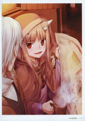 Rule 34 | 1boy, 1girl, :d, absurdres, animal ears, brown cloak, brown hair, cloak, collarbone, craft lawrence, eye contact, fang, highres, holding, holding map, holo, hood, hood up, hooded cloak, koume keito, long hair, long sleeves, looking at another, map, official art, open mouth, page number, purple shirt, red eyes, scan, shirt, silver hair, smile, spice and wolf, straight hair, wolf ears
