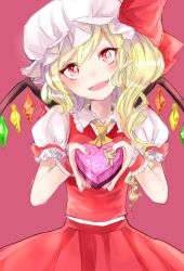 Rule 34 | 1girl, :d, blonde hair, box, chocolate, fangs, flandre scarlet, gift, hat, head tilt, heart-shaped box, looking at viewer, mob cap, open mouth, red eyes, rosette (roze-ko), side ponytail, skirt, skirt set, smile, solo, touhou, tsurime, vest, wings