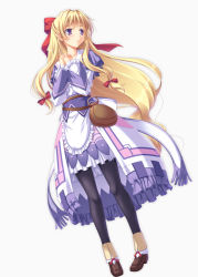 Rule 34 | 1girl, ankle cuffs, belt, belt pouch, black pantyhose, blonde hair, bow, brown footwear, dress, falcom, floating hair, frilled dress, frills, full body, hair bow, hair ribbon, leeza (ys), long hair, long sleeves, miyai sen, own hands clasped, own hands together, pantyhose, parted lips, pouch, purple eyes, red bow, ribbon, shoes, simple background, solo, straight hair, tress ribbon, very long hair, white background, white dress, ys, ys memories of celceta