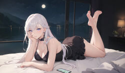 Rule 34 | 1girl, azur lane, barefoot, bed, belfast (azur lane), blue eyes, breasts, cellphone, cleavage, feet, full moon, highres, long hair, looking at viewer, lying, medium breasts, mole, mole under eye, moon, night, night sky, nightgown, on stomach, parted lips, phone, silver hair, sky, smartphone, soles, solo, star (sky), the pose, toes