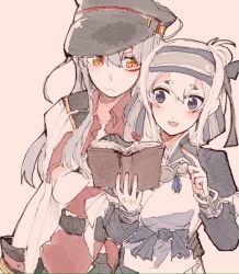 Rule 34 | 2girls, ainu clothes, bad id, bad twitter id, belt, black gloves, blue hair, blush, book, comic, dress, facial scar, gangut (kancolle), gloves, grey hair, hair between eyes, hair ornament, hairclip, hat, headband, itomugi-kun, jacket, kamoi (kancolle), kantai collection, long hair, military, military hat, military uniform, multicolored hair, multiple girls, naval uniform, open mouth, peaked cap, ponytail, reading, red eyes, red shirt, remodel (kantai collection), scar, scar on cheek, scar on face, shirt, simple background, translation request, uniform, white hair
