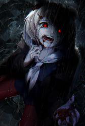Rule 34 | 1girl, animal ears, arknights, bear ears, black jacket, blonde hair, blood, blood on face, commentary request, fangs, glowing, glowing eyes, gummy (arknights), hair ornament, hairclip, highres, jacket, long hair, long sleeves, looking at viewer, open mouth, painttool sai (medium), pantyhose, photoshop (medium), rain, red eyes, red pantyhose, sailor collar, solo, spoilers, tears, wo chi xiangjiao pi