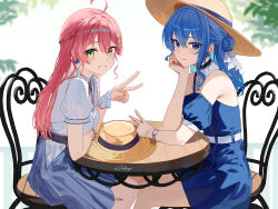 2girls ahoge alternate_costume armpit_crease artist_name bare_shoulders blue_dress blue_eyes blue_hair blue_skirt blush braid brown_hat closed_mouth commentary detached_sleeves dress elbow_on_table english_commentary from_side green_eyes hair_between_eyes hair_bun hair_ornament hat head_rest highres hololive hoshimachi_suisei long_hair looking_at_viewer micomet_(hololive) multiple_girls official_alternate_costume on_chair pink_hair puffy_short_sleeves puffy_sleeves round_table sakura_miko sakura_miko_(street) shirt short_sleeves simple_background sitting skirt smile straw_hat sun_hat table v virtual_youtuber watch white_background white_shirt wristwatch zakimpo