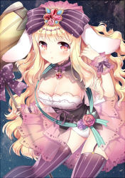 Rule 34 | 1girl, :o, animal ears, bad id, bad pixiv id, blush, bow, breasts, circlet, cleavage, detached collar, garter straps, hair bow, large breasts, long hair, looking at viewer, mallet, manle, original, polka dot, polka dot bow, purple thighhighs, rabbit ears, red eyes, solo, striped clothes, striped thighhighs, thighhighs, vertical-striped clothes, vertical-striped thighhighs, wrist cuffs