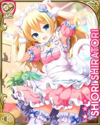 Rule 34 | 1girl, animal ears, aqua eyes, arms up, blonde hair, blue eyes, blush, cafe, card (medium), cat ears, cat tail, character name, cuffs, dress, fake animal ears, fake tail, girlfriend (kari), hair ribbon, headband, indoors, maid, official art, open mouth, pink dress, qp:flapper, ribbon, shiratori shiori, smile, solo, standing, tagme, tail, thighhighs, twintails, wavy hair, white thighhighs