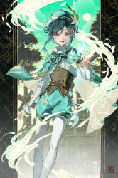Rule 34 | 1boy, absurdres, beret, black hair, blue eyes, blue hair, braid, brown corset, brown footwear, cape, collared cape, corset, flower, genshin impact, gradient hair, green cape, green hat, green shorts, hat, hat flower, highres, hitohachan, juliet sleeves, loafers, long sleeves, male focus, multicolored hair, pantyhose, pinwheel, puffy sleeves, shirt, shoes, short hair with long locks, shorts, solo, twin braids, venti (genshin impact), white flower, white pantyhose, white shirt, wind