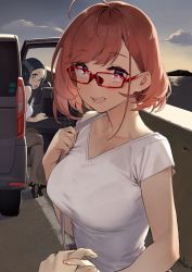 Rule 34 | 2girls, 92m, absurdres, ahoge, black hair, blue eyes, bralines, breasts, car, cloud, collarbone, commentary request, fingernails, glasses, highres, holding hands, kinshi no ane (92m), large breasts, looking at viewer, motor vehicle, multiple girls, open mouth, original, outdoors, red-framed eyewear, red eyes, red hair, shirt, short hair, short sleeves, sky, white shirt