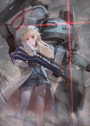 Rule 34 | 1girl, absurdres, ahoge, belt, bipod, blonde hair, blue skirt, blush, breath, brown gloves, cable, capelet, closed mouth, coat, diffraction spikes, eyelashes, eyeshadow, floral print, fur trim, gloves, glowing, green eyes, grey sky, gun, hat, highres, holding, holding gun, holding weapon, long hair, looking at viewer, makeup, mecha, microskirt, miniskirt, mizore akihiro, multicolored clothes, official art, open clothes, open coat, original, outdoors, pantyhose, pink eyeshadow, pink skirt, red eyes, robot, rose print, scope, skirt, sky, sling (weapon), snow, snowflake print, snowflakes, snowing, solo, standing, trigger discipline, two-tone skirt, weapon, white capelet, white coat, white hat, white pantyhose, winter clothes