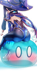 Rule 34 | 1girl, ass, back, black pantyhose, blue headwear, blue leotard, capelet, from behind, fur collar, genshin impact, gold trim, hat, high heels, highres, huge ass, leotard, long hair, mona (genshin impact), pantyhose, purple hair, sitting, slime (creature), slime (genshin impact), twintails, uenoryoma, vision (genshin impact), witch hat