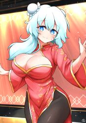 Rule 34 | 1girl, blush, breasts, china dress, chinese clothes, cleavage, commentary request, dress, highres, large breasts, long hair, merlin prismriver, scavia10, shiny skin, solo, sweatdrop, thighs, touhou, white hair