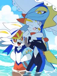 blush cinderace closed_mouth creatures_(company) crying furry game_freak gen_8_pokemon hat highres inteleon koke_ojisan nintendo open_mouth orange_eyes pokemon pokemon_(creature) scorbunny smile standing swim_ring tears umbrella water wavy_mouth yellow_eyes